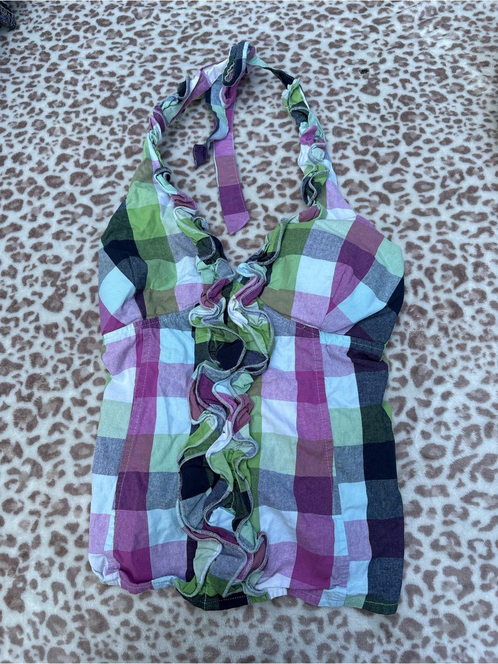 Y2K Purple and Green Plaid Ruffle Halter Tank Top Size Medium Fairy Grunge